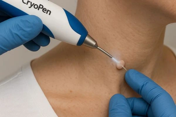 Person receiving Cryotherapy skin tag removal East Bedfont
