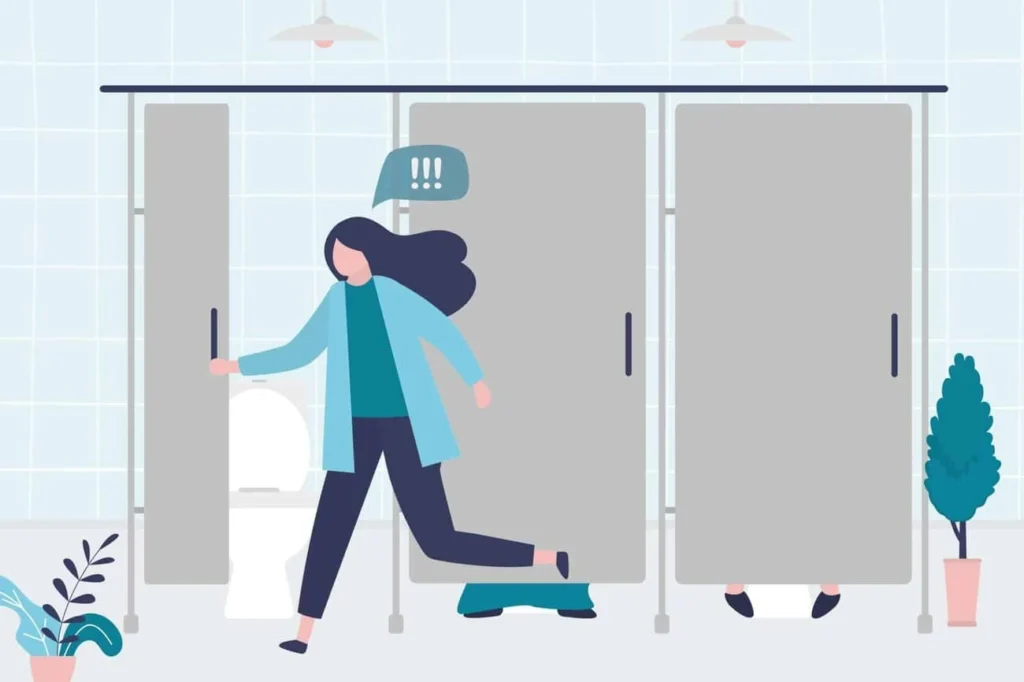 graphic of Urine incontinence East Bedfont woman running to the toilet.