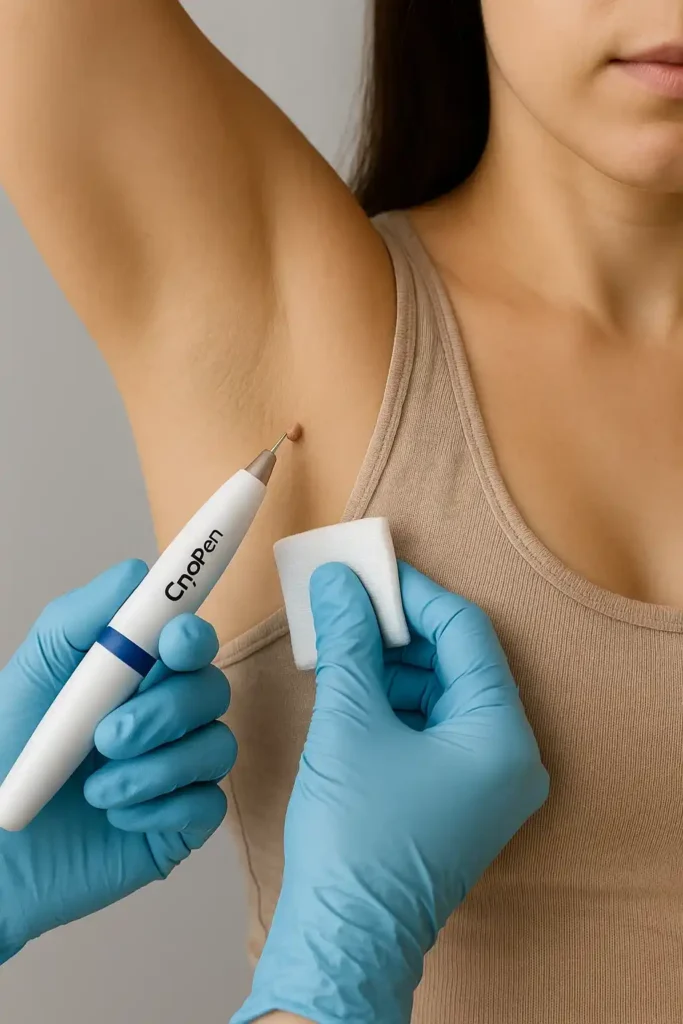 woman having cryopen to remove underarm skin tags East Bedfont