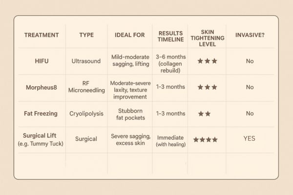 Table showing the comparisons of Skin tightening East Bedfont treatment options.
